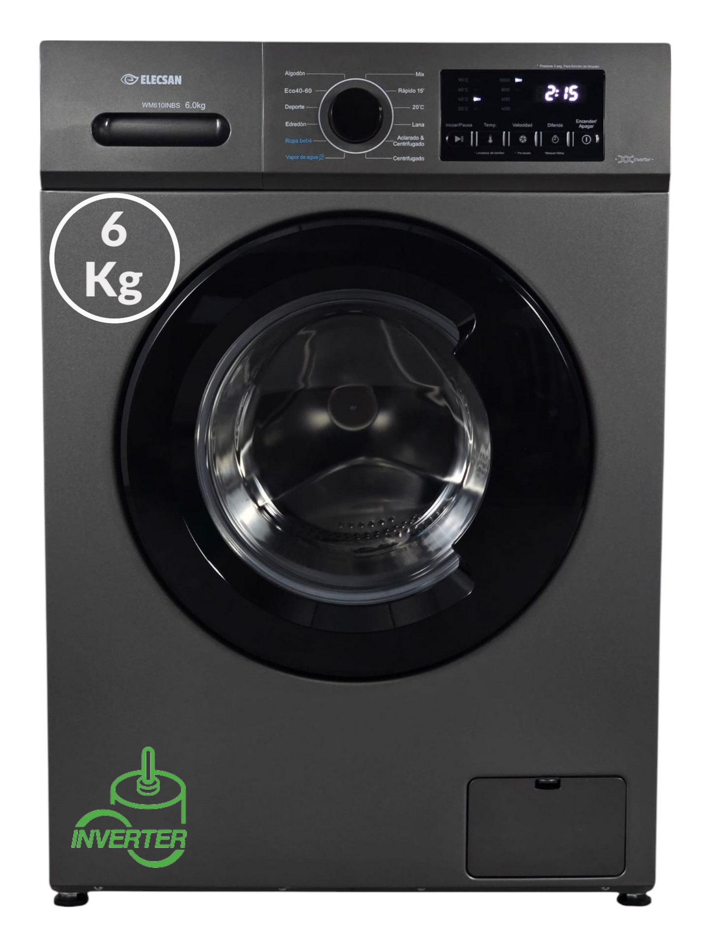 LAVADORA ELECSAN WM610INBS 6KG 1000rpm MOTOR INVERTER COLOR GRIS GRAFITO