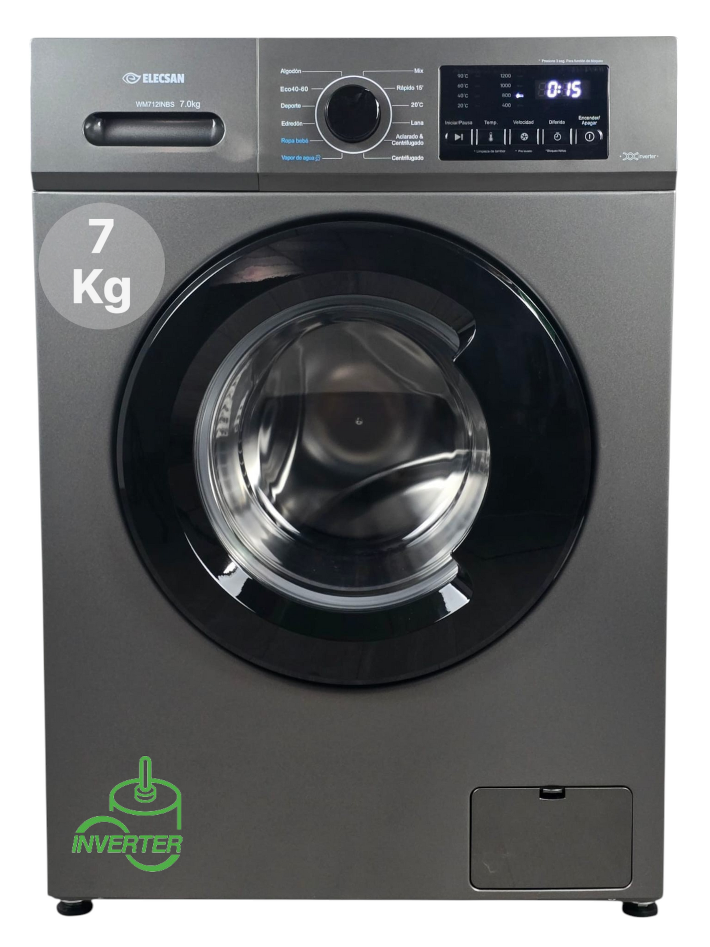 LAVADORA ELECSAN WM712INBS 7KG 1200rpm MOTOR INVERTER COLOR GRIS GRAFITO